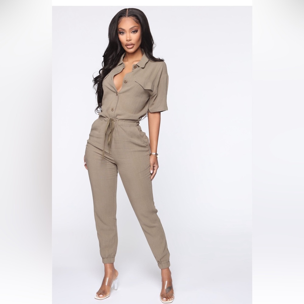 Olive Jumpsuit with Button Front and Pockets